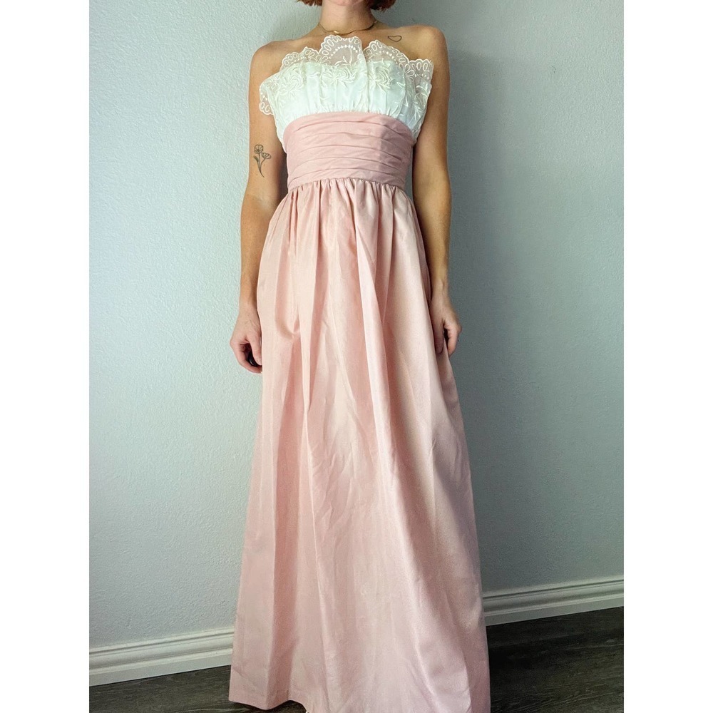 Vintage 1970's Pink Strapless Eyelet Ruffle Strapless Maxi Dress - Picture 2 of 8